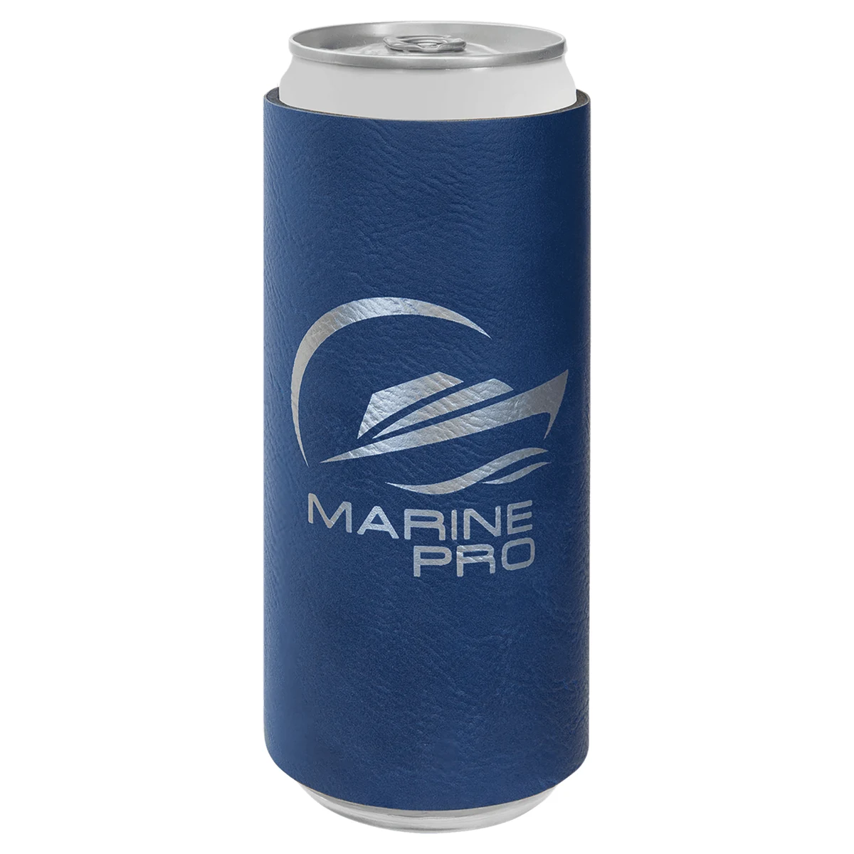 Blue/Silver Leatherette Slim Beverage Holder, custom koozie with logo imprint 1
