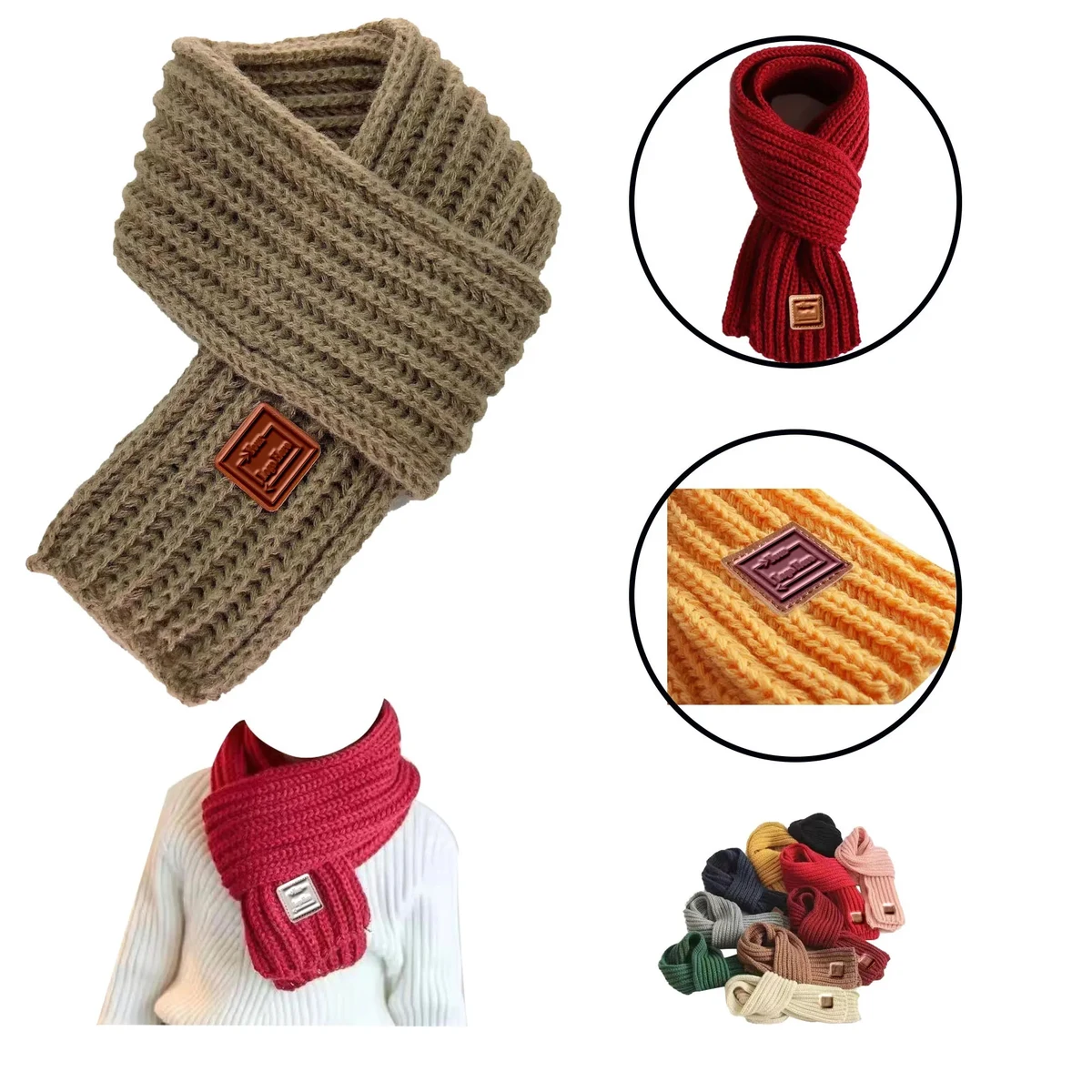 Acrylic Kid Knit Scarf With Debossed Square/Round Leather Pa 1