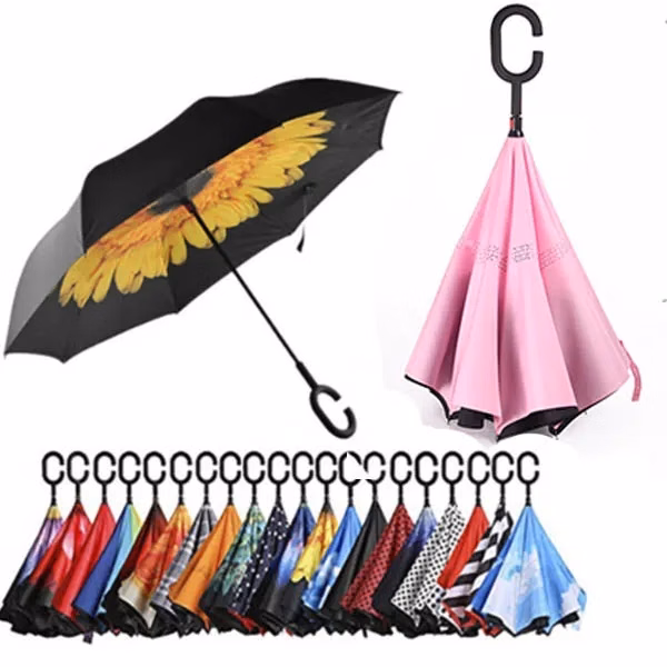 Inverted Reverse Folding Umbrellas With C-Shaped Handle