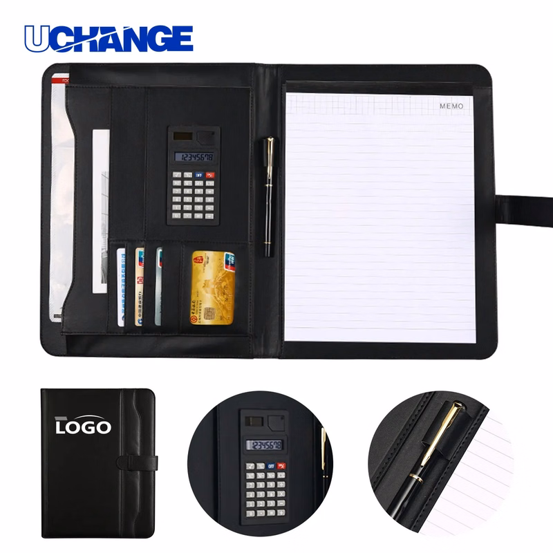 PU Leather Business Portfolio with Calculator and Notebook