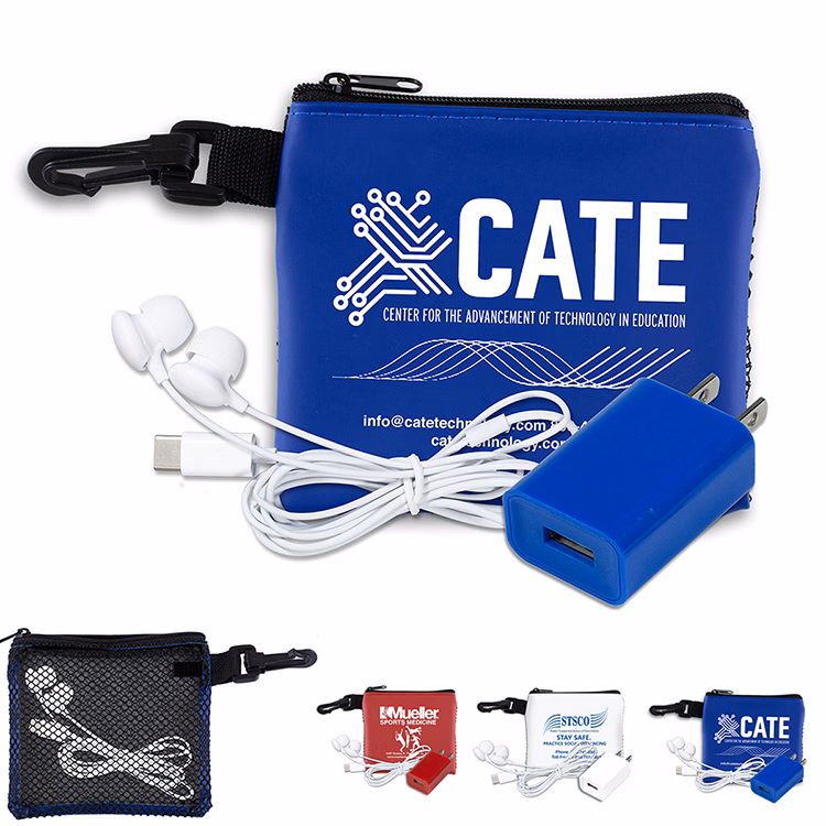 “TechMesh Charge” Mobile Tech Earbud and Charger Kit in Mesh Zipper Pouch Components inserted into Z