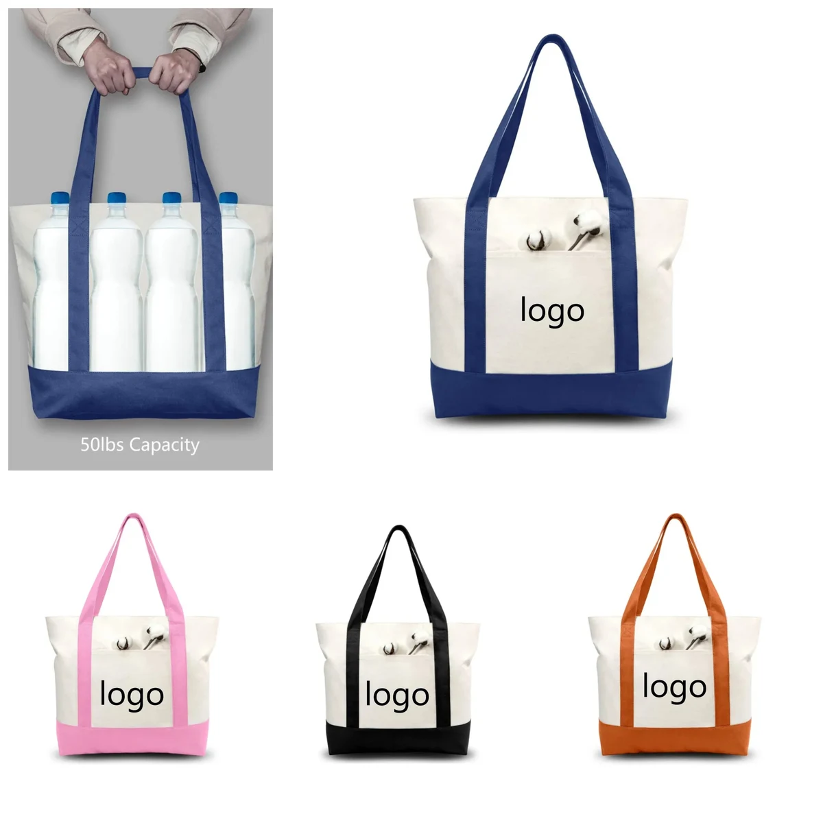 100% Cotton Canvas Tote Bag Top Zipper Closure 1