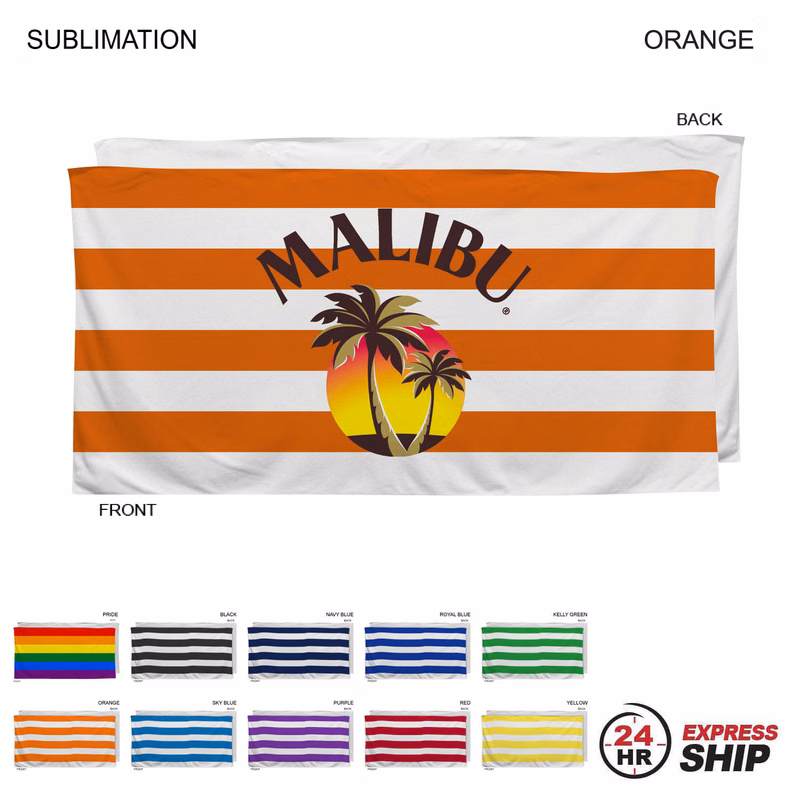 24Hr Express Ship - Cabana Stripe Sublimated, Heaviest Weight, Plush Velour Terry Beach Towel, 30x60