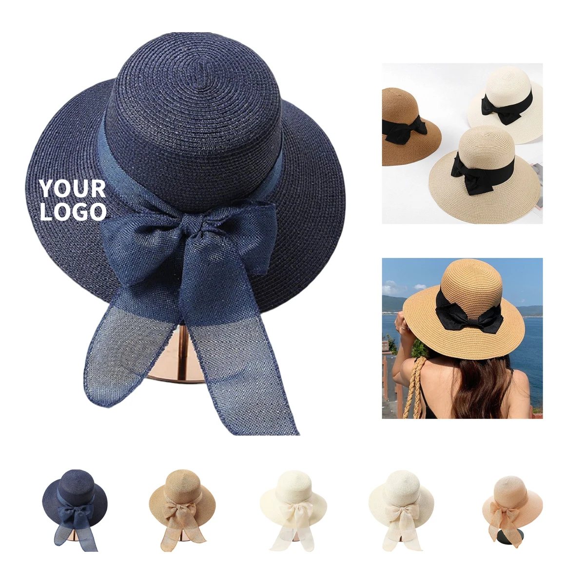 Ribbon Trim Beach Straw Hat With Sun Protection 1