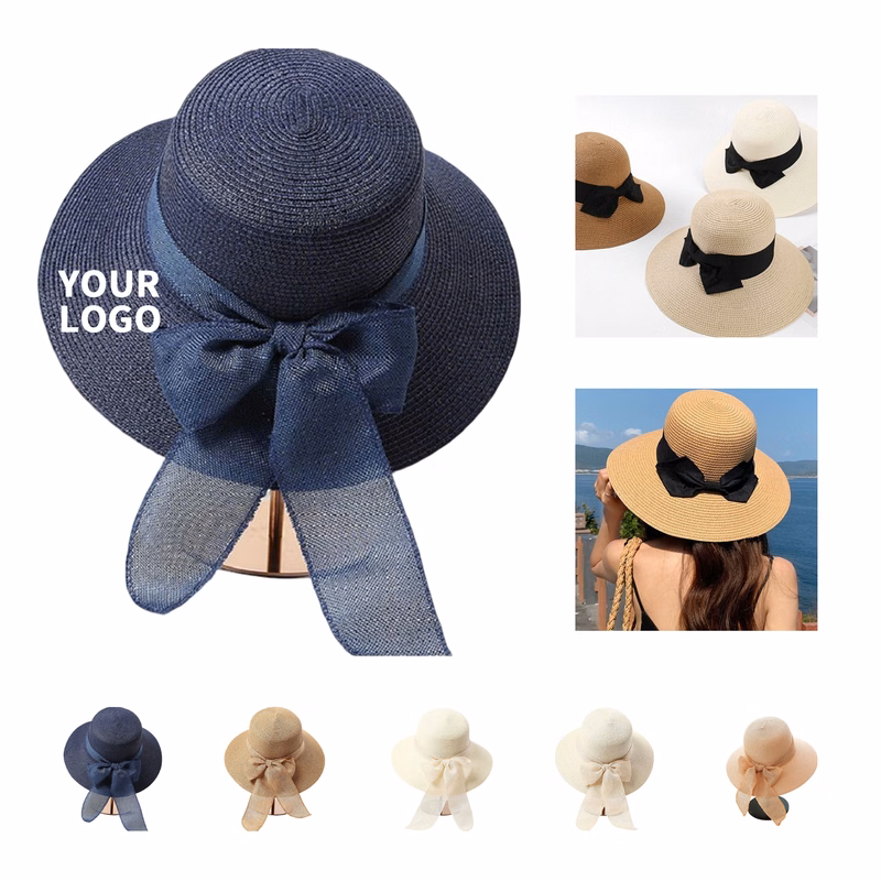 Ribbon Trim Beach Straw Hat With Sun Protection
