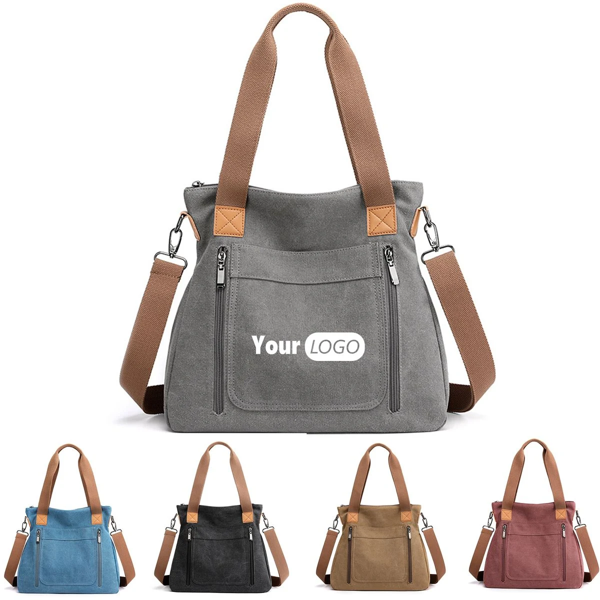 Canvas Multi-pocket Tote Bag, custom tote bag with logo imprint 1