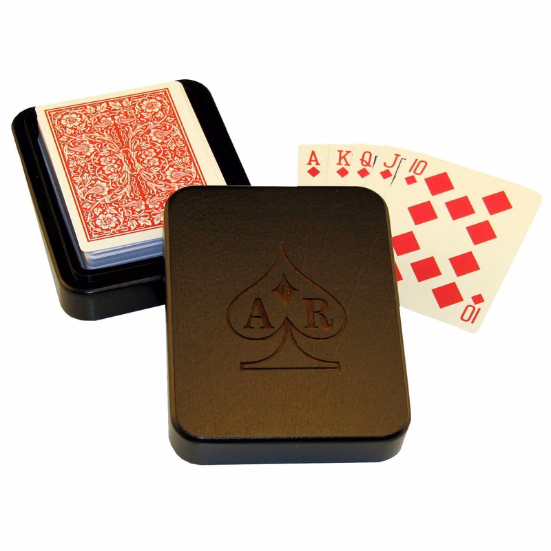 Wood Single Deck Playing Card Box with Cards, 3 1/2 x 4 1/2 x 1 3/8"