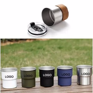 10oz Stainless Steel Camping Coffee Mug w/Wood Sleeve & Lid