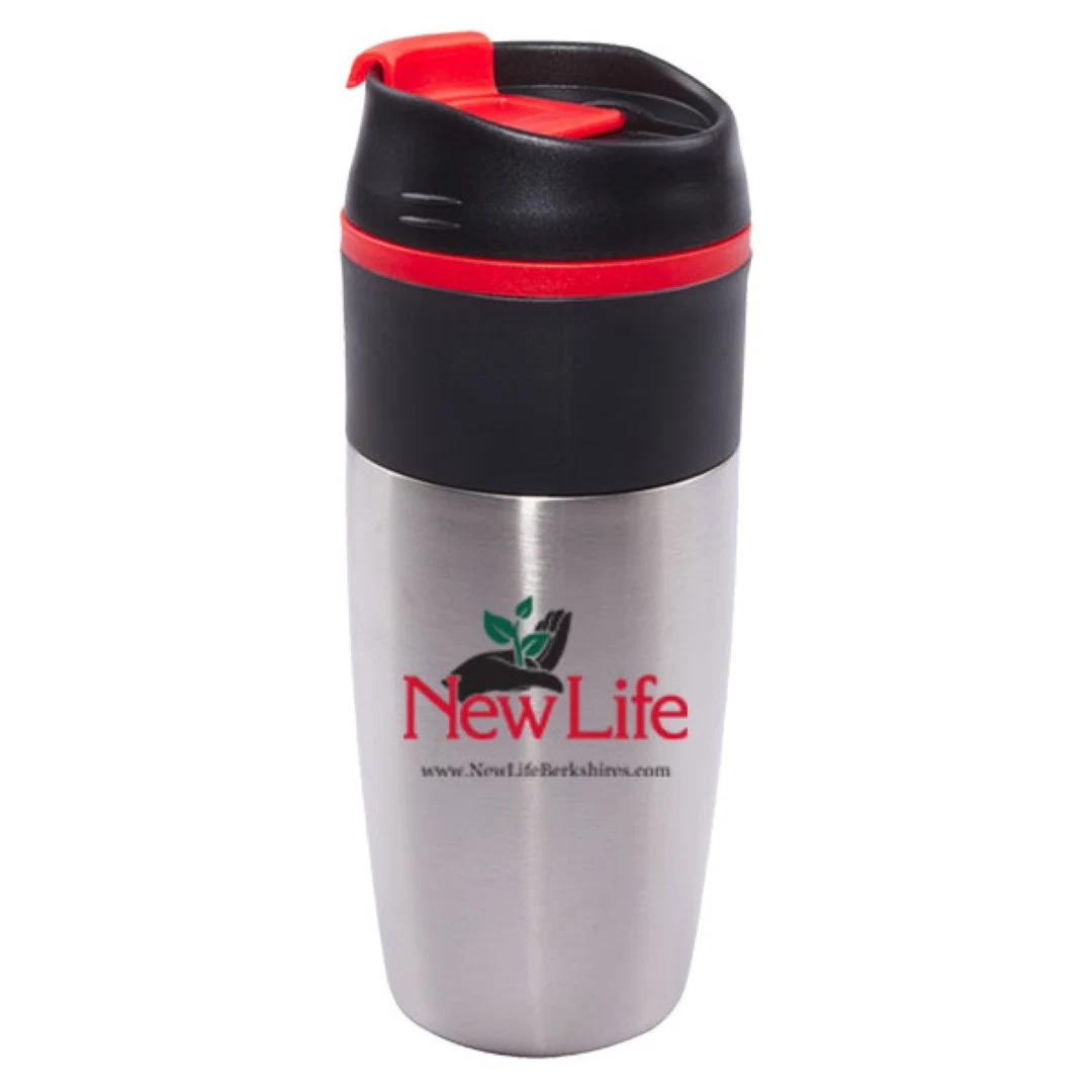 16 oz Bandit Black Stainless Steel Travel Mug with Black Lid and Red Accents 1