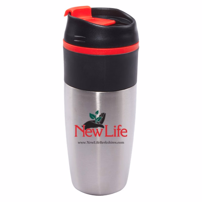16 oz Bandit Black Stainless Steel Travel Mug with Black Lid and Red Accents
