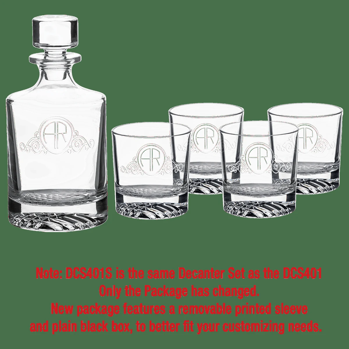 850ml Round Glass Decanter Set with Four DG401S 9 oz. Glasses in a Black Gift Box with Printed Paper 1