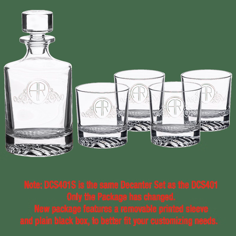850ml Round Glass Decanter Set with Four DG401S 9 oz. Glasses in a Black Gift Box with Printed Paper