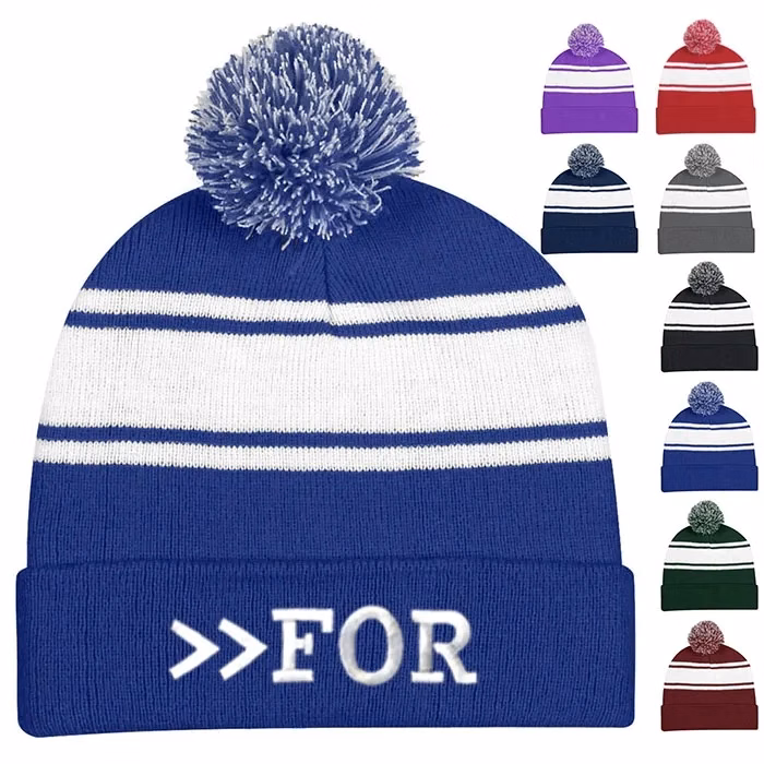 Knit Beanie with Cuff and Pom Ball