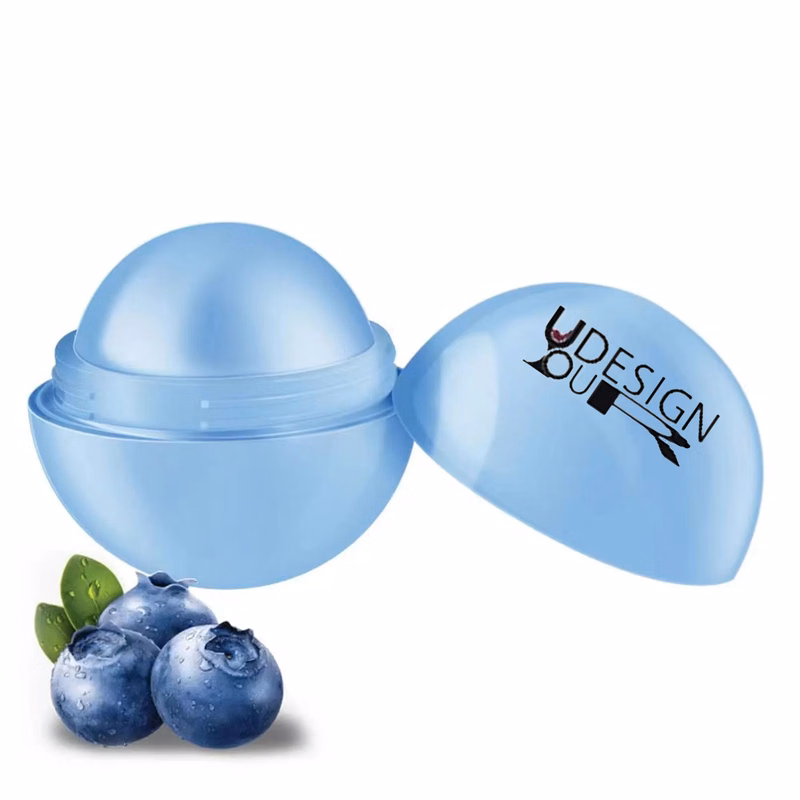 Round lip balm in various fruit flavors