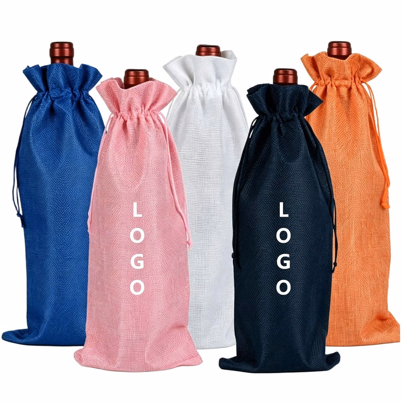 Linen Drawstring Wine Bottle Bag
