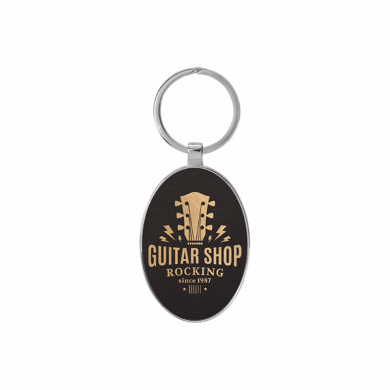 Black & Gold Leatherette/Metal Oval Keychain