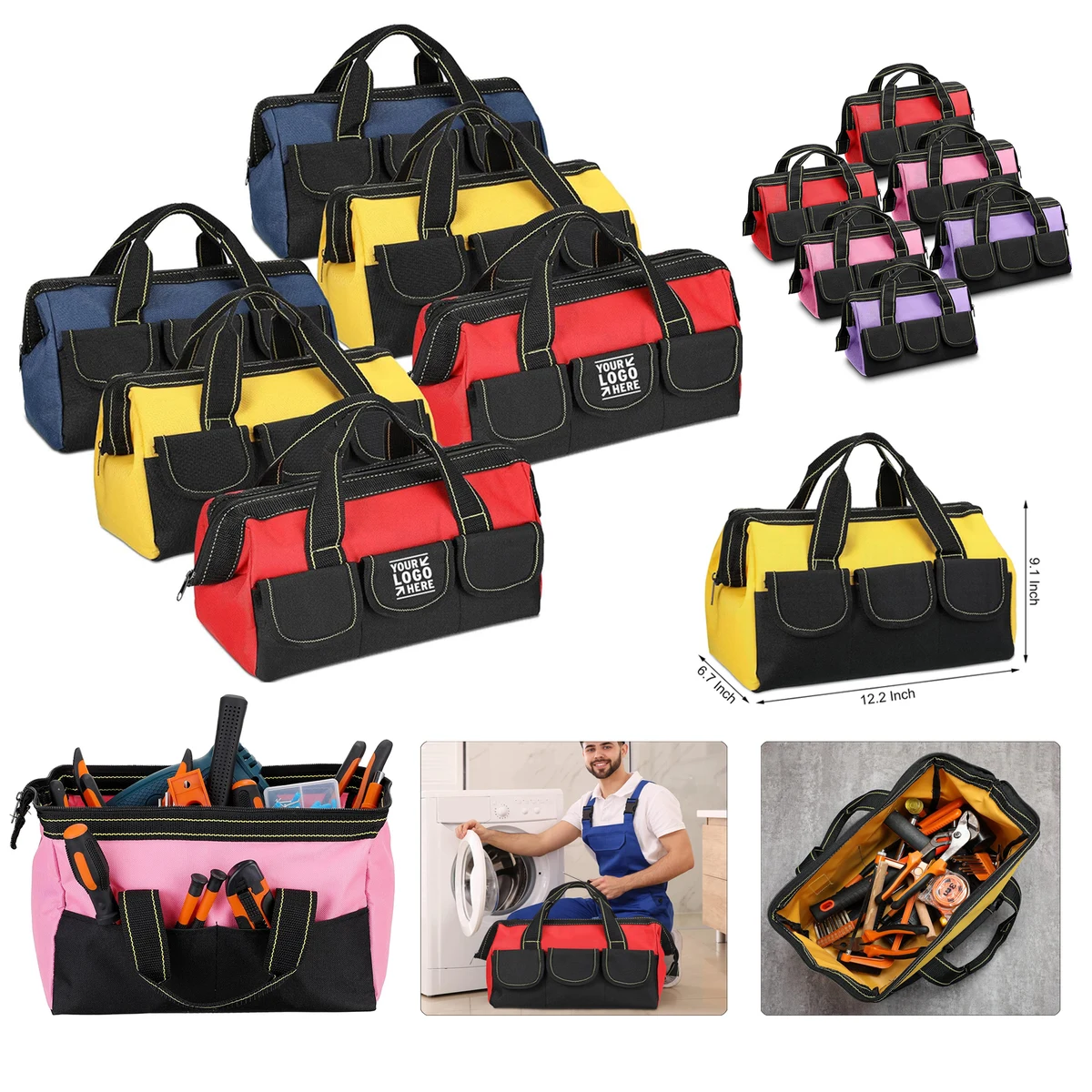 Men Women 13 Inch Large Heavy Duty Tool Bag Waterproof Hard Bottom Electrician Carpenter Tote 1