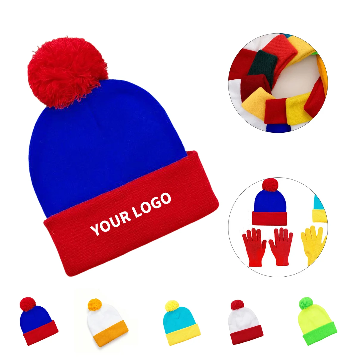 Holiday Color Block Knit Cap With Pom 1