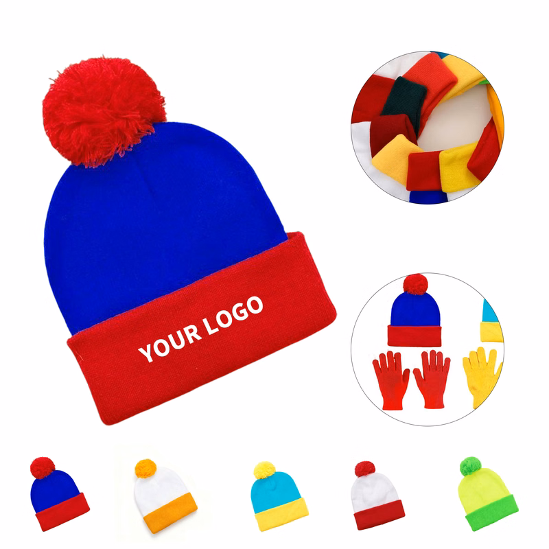 Holiday Color Block Knit Cap With Pom