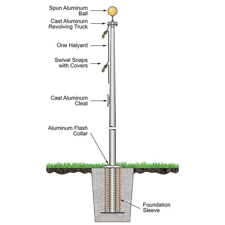 50' Commercial Series Outdoor External Halyard Flagpoles - Satin 1