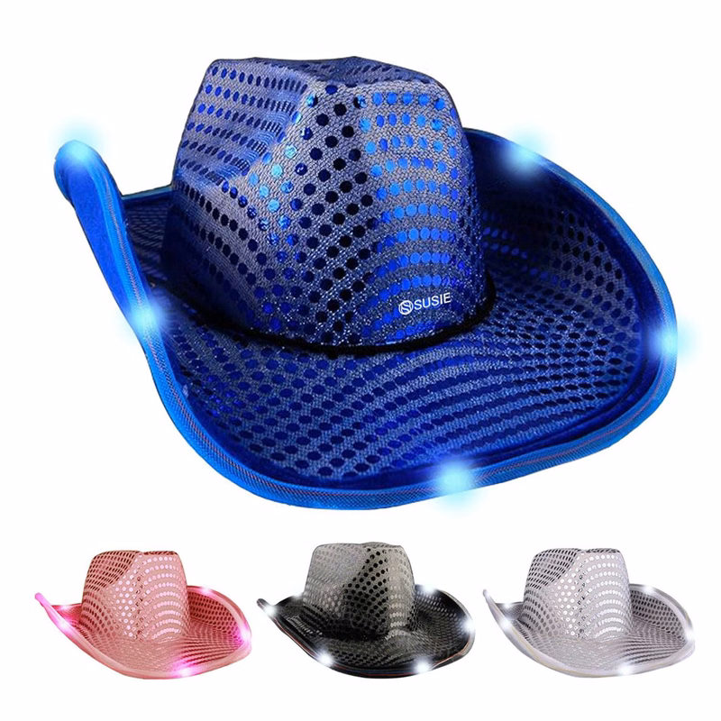 LED Cowboy Sequin Party Flashing Light Up Cap