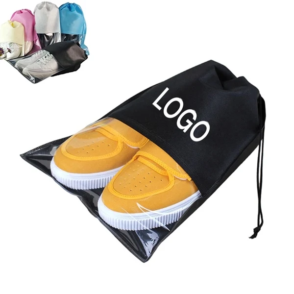 Custom 14" x 11" Non-Woven Clear Window Drawstring Shoe Bag — Corporate Travel Organizer 1