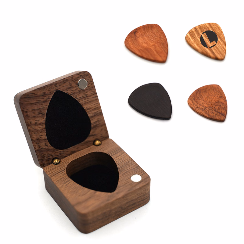 Wooden Guitar Pick Set with Elegant Storage Box
