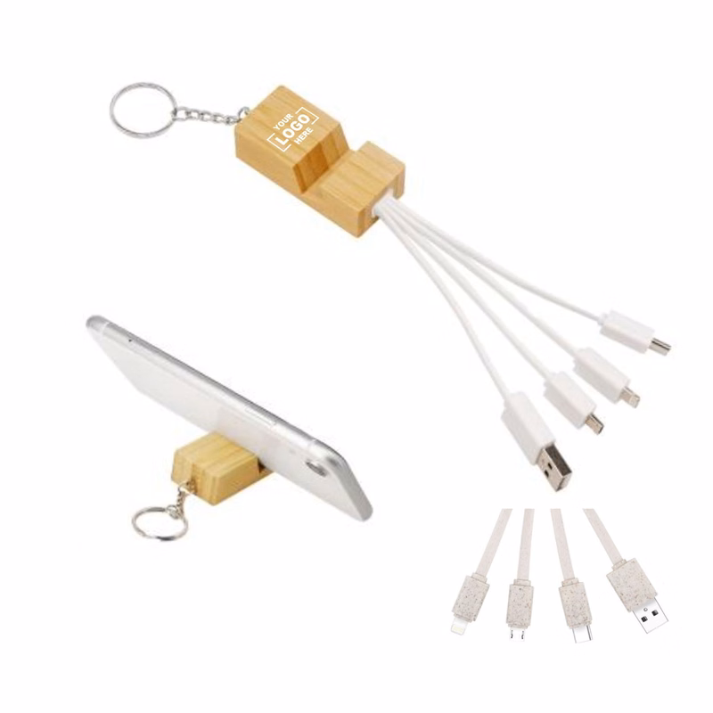 Bamboo Phone Holder Keyring With Charging Cables