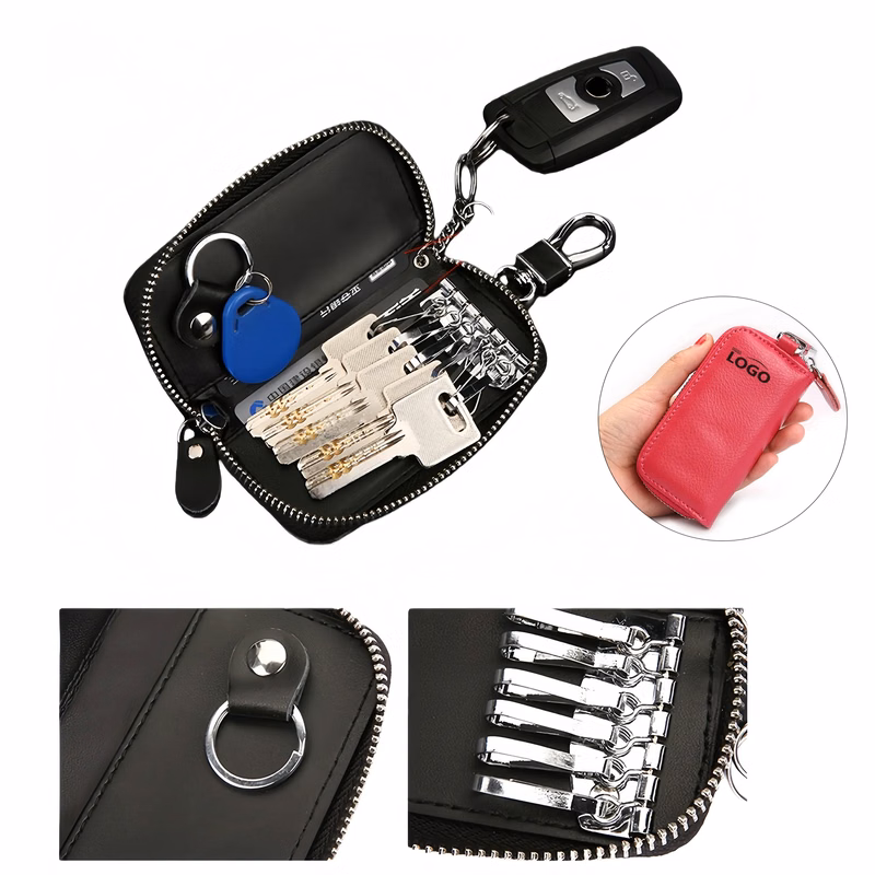 Leather Key Fob With Secure Zip Closure And Card Storage