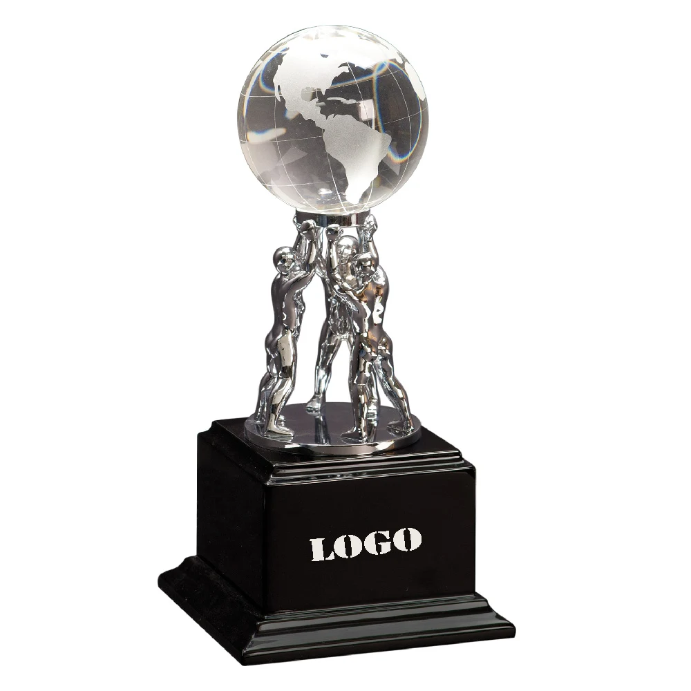 10" Clear Crystal Globe with Silver Men/Stand on Black Piano Finish Wood Base 1