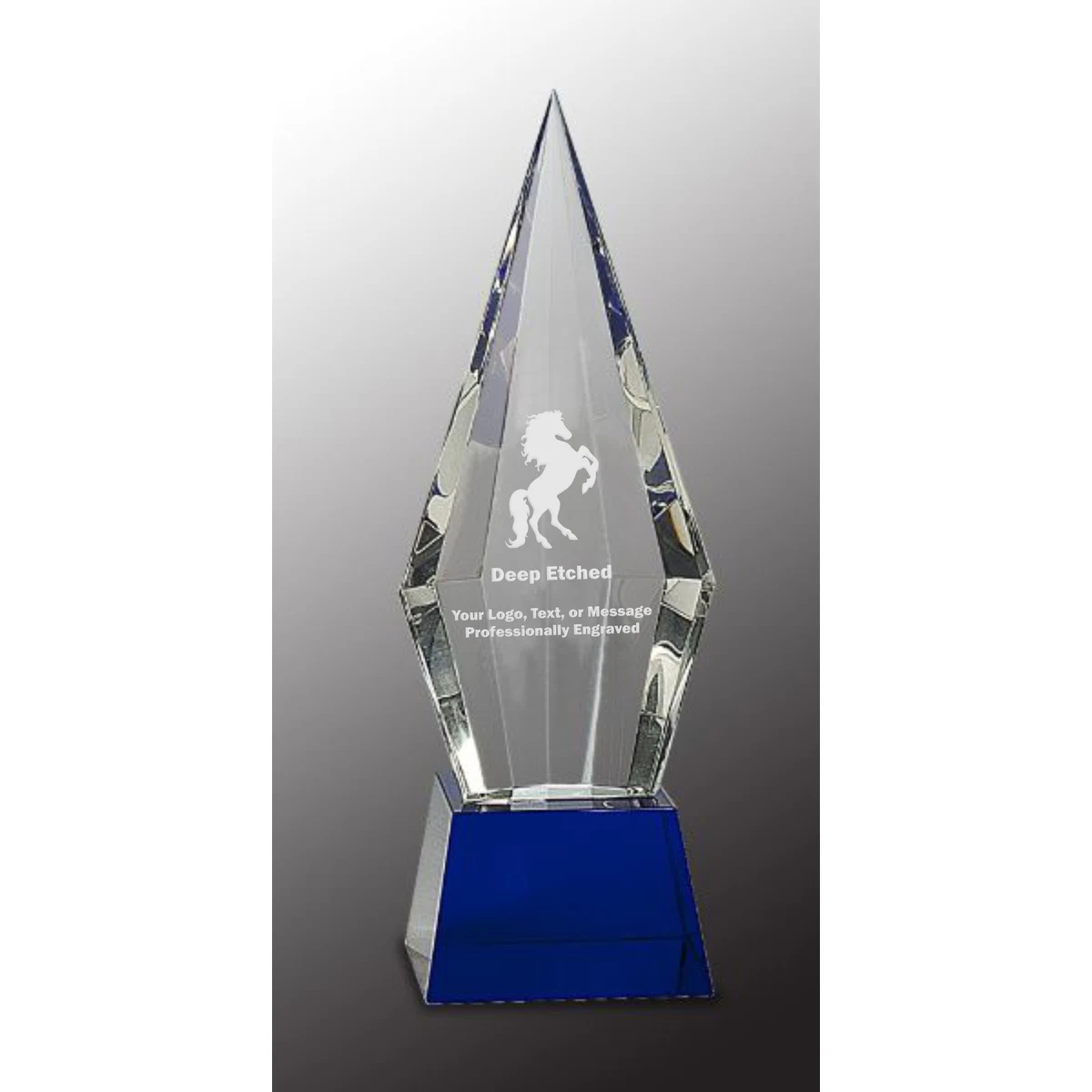 11" Obelisk Facet Crystal Award on Blue Pedestal Base 1