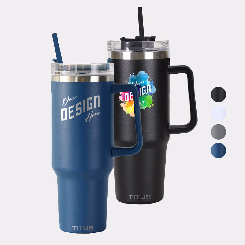 Premium 30 oz TiTUS® Double Wall Stainless Steel Insulated Travel Mug with Straw & Handle