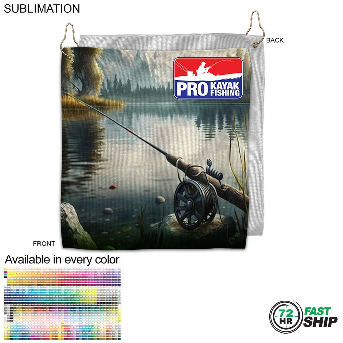 72 Hr Fast Ship - Colored Microfiber Dri-Lite Terry Fishing Towel, 10x10, Grommet & Hook, Sublimated 1