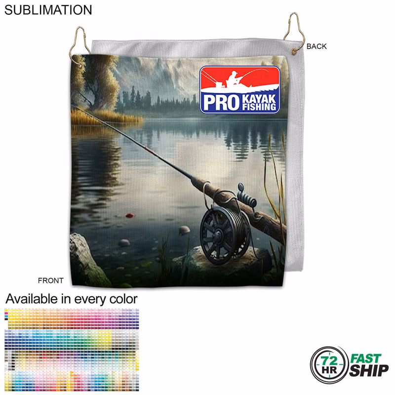 72 Hr Fast Ship - Colored Microfiber Dri-Lite Terry Fishing Towel, 10x10, Grommet & Hook, Sublimated
