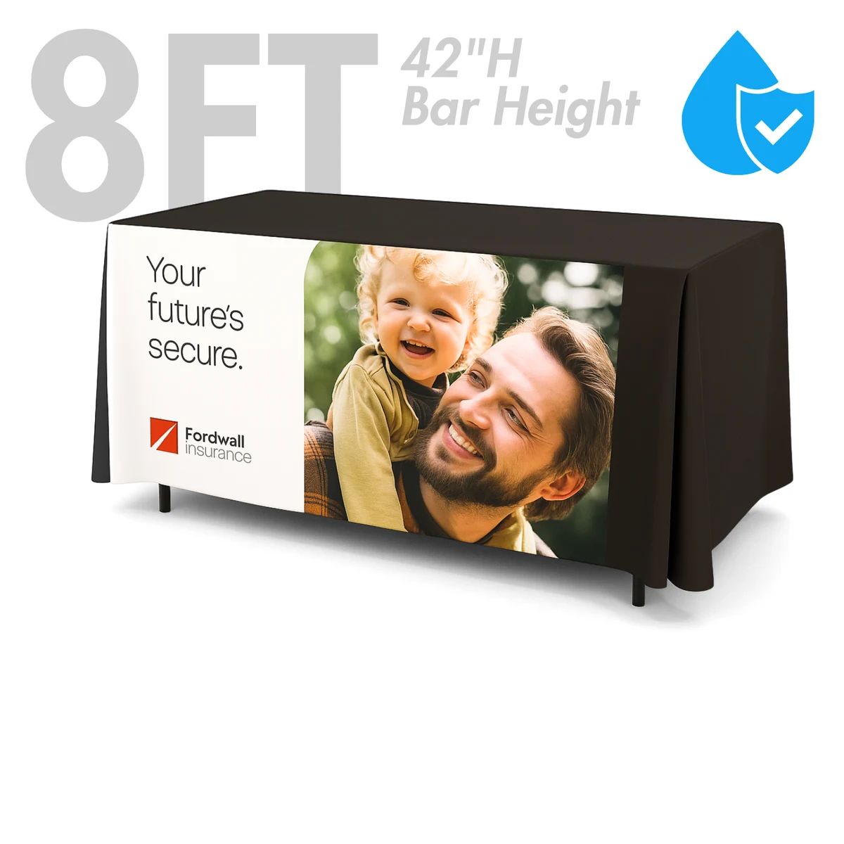 8' Liquid Repellent Fitted Table Cover, Front Panel Print (Bar Height, 42") 1