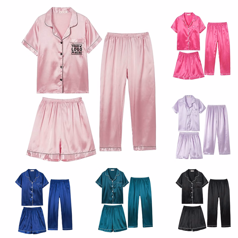 3PCS Unisex Girls Boys Kids Pajama Sets Button Down Satin Silky Sleepwear 