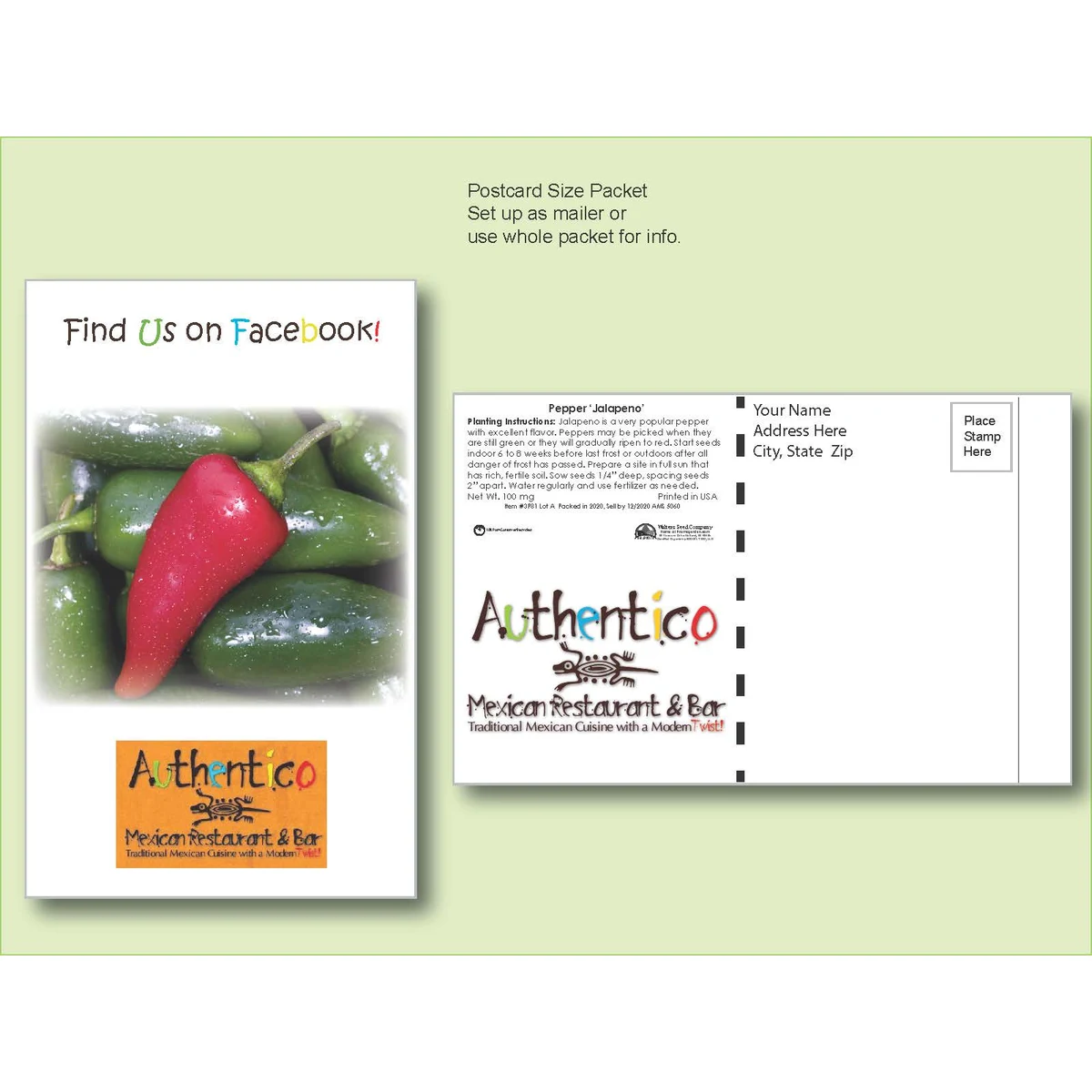 Organic Jalapeno Pepper Seed Packet - Postcard Mailer Size 4" x 6.5" 1