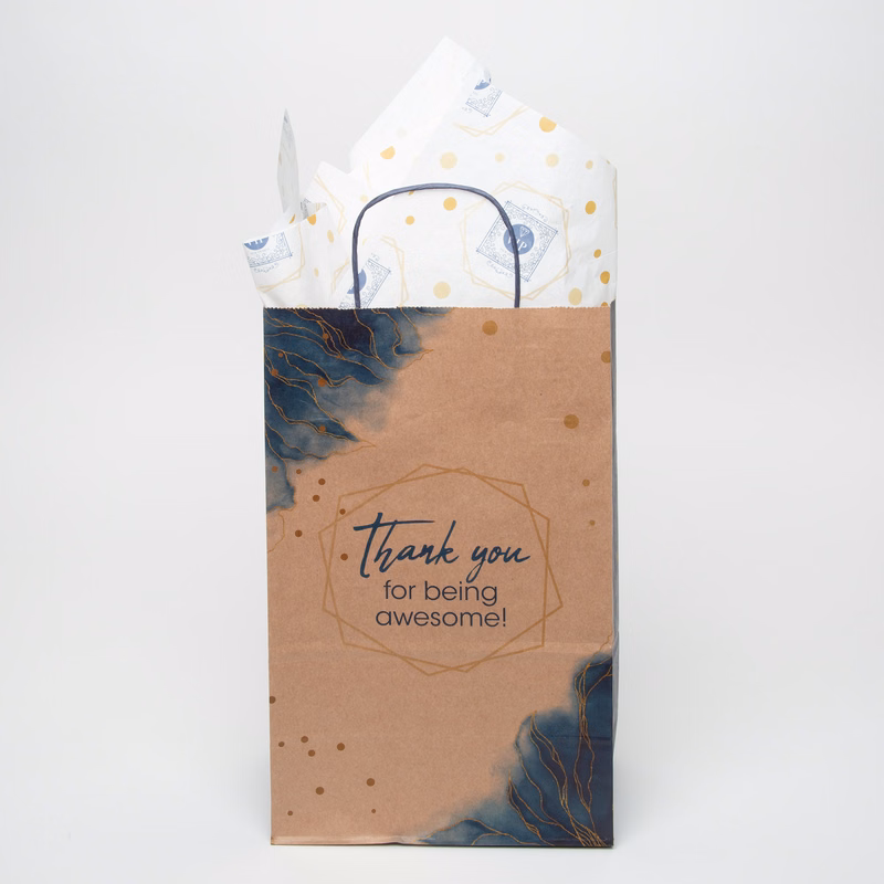 13.375" Natural Brown Black Handle Shopper with Tissue Paper Bundle
