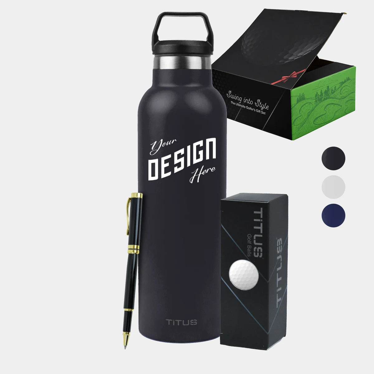 25 oz TiTUS® SS Water Bottle, 3 Pack Golf Balls & Luxury Ball Point Pen Gift Set, custom water bottle with logo imprint 1