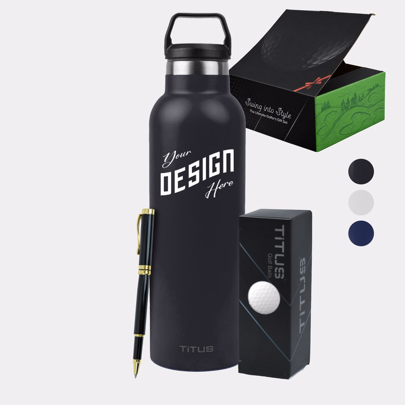 25 oz TiTUS® SS Water Bottle, 3 Pack Golf Balls & Luxury Ball Point Pen Gift Set