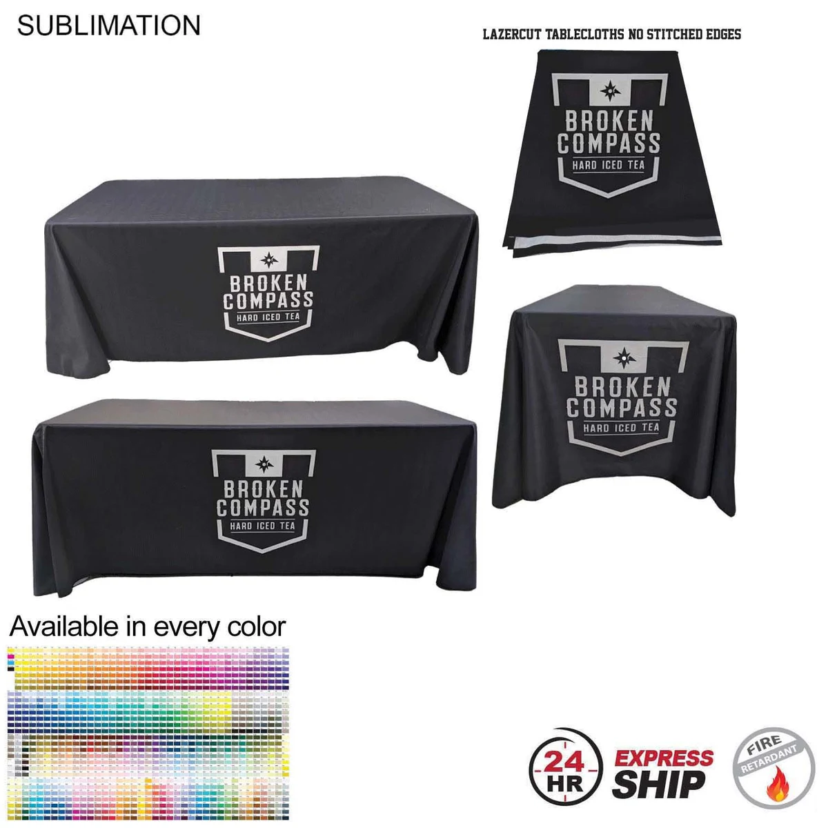 24Hr Express Ship - 6' LazerCut 4-Sided PREMIUM Sublimated Tablecloth, Drape Style, Closed Back 1