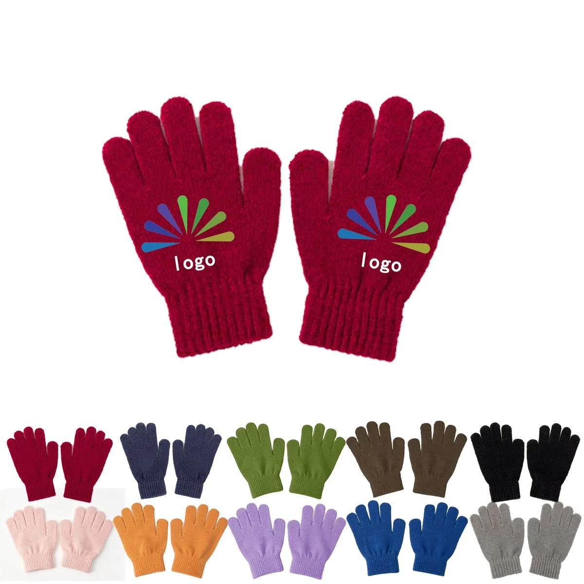 Children Solid Knit Winter Full Finger Gloves Custom Imprint 1