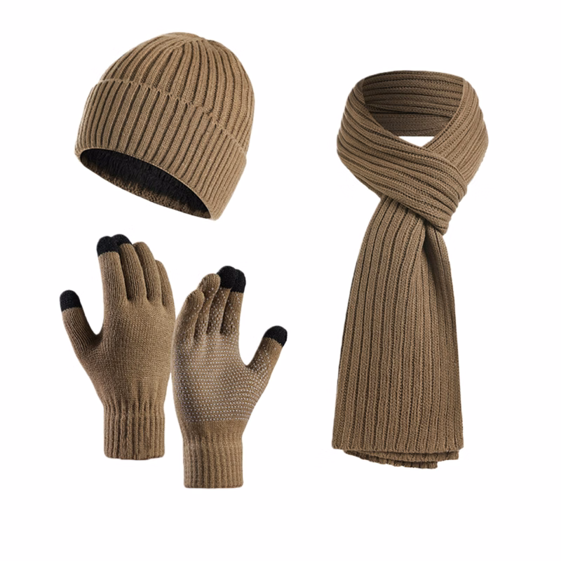 Unisex Winter Knit Hat Scarf Touch Screen Gloves Set