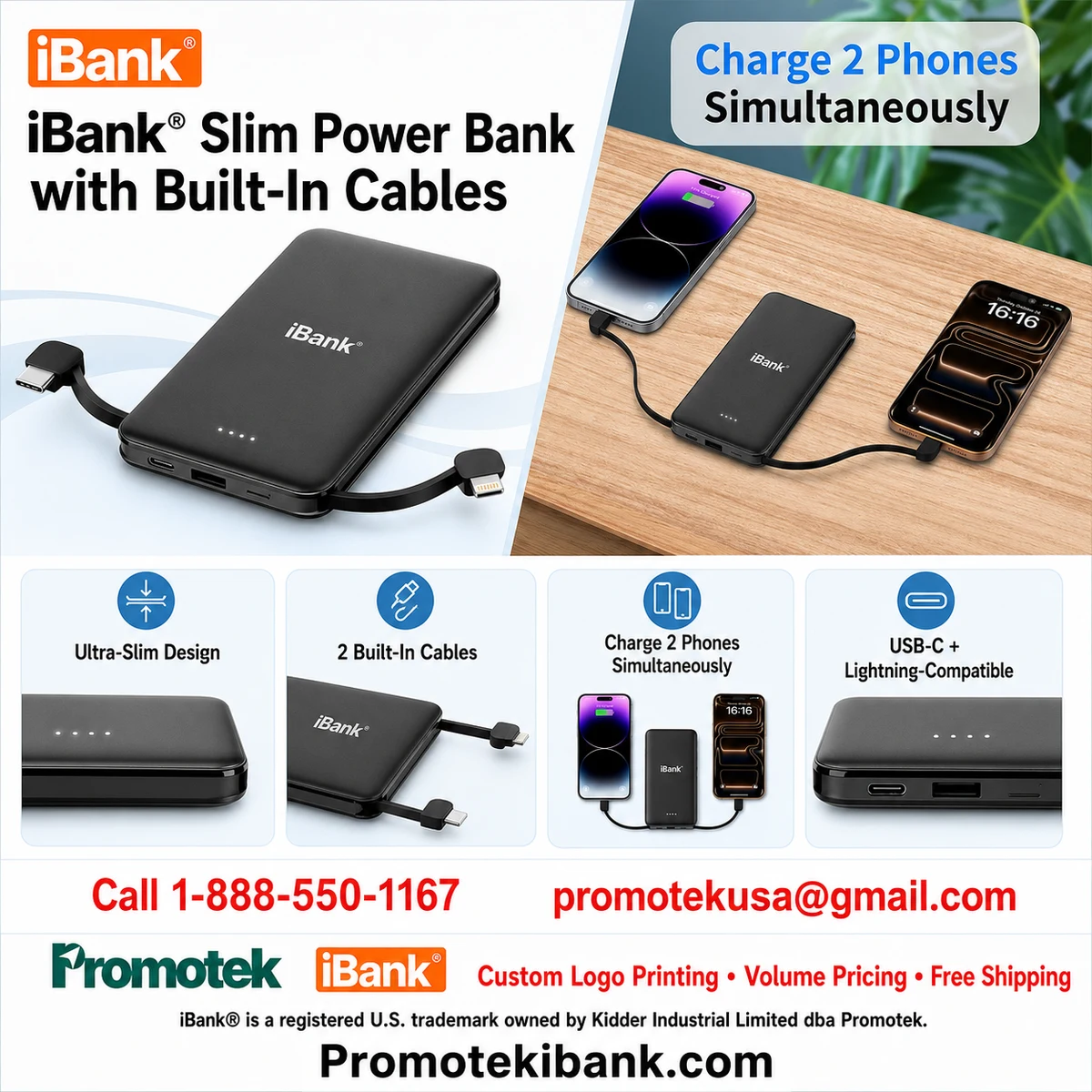 iBank ® Slim Portable Charger with Built-in Dual Cable, Type C and Lighting 1