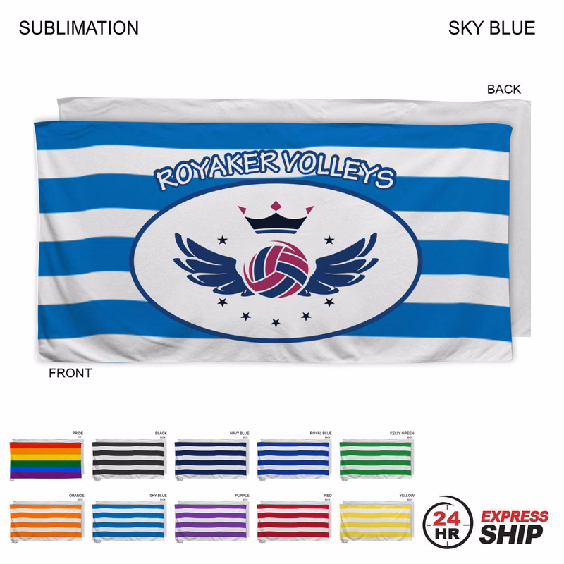24 Hr Express Ship - Cabana Stripe Sublimated Plush and Soft Velour Terry Beach Towel, 30x60