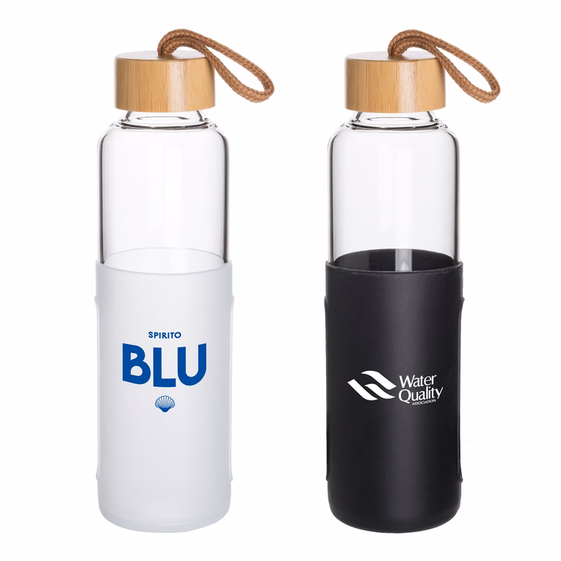 16 Oz. Glass Bottle w/Bamboo Cover Lid & Silicone Sleeve