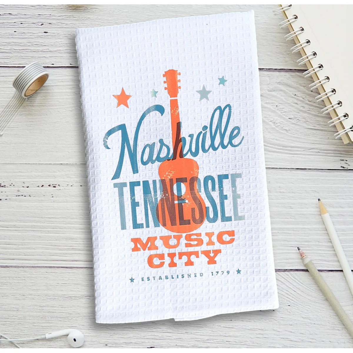 White Waffle Weave Kitchen Towel with Custom Print 1
