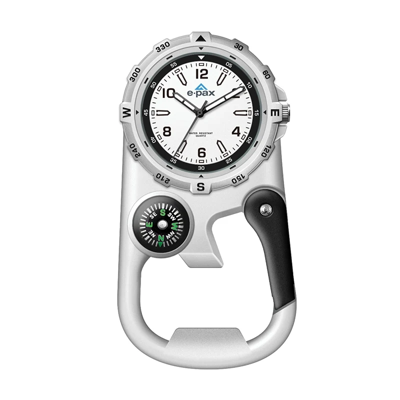 WC8227 41MM METAL MATTE SILVER POCKET WATCH, 3 HAND MVMT, WHITE DIAL, COMPASS, CARABINER 1