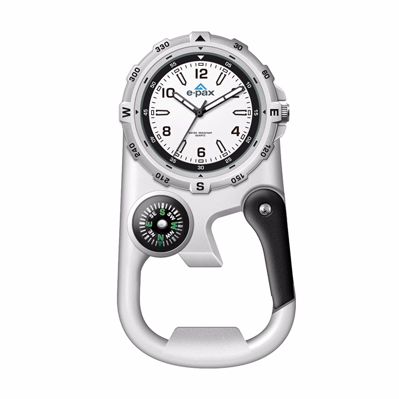 WC8227 41MM METAL MATTE SILVER POCKET WATCH, 3 HAND MVMT, WHITE DIAL, COMPASS, CARABINER
