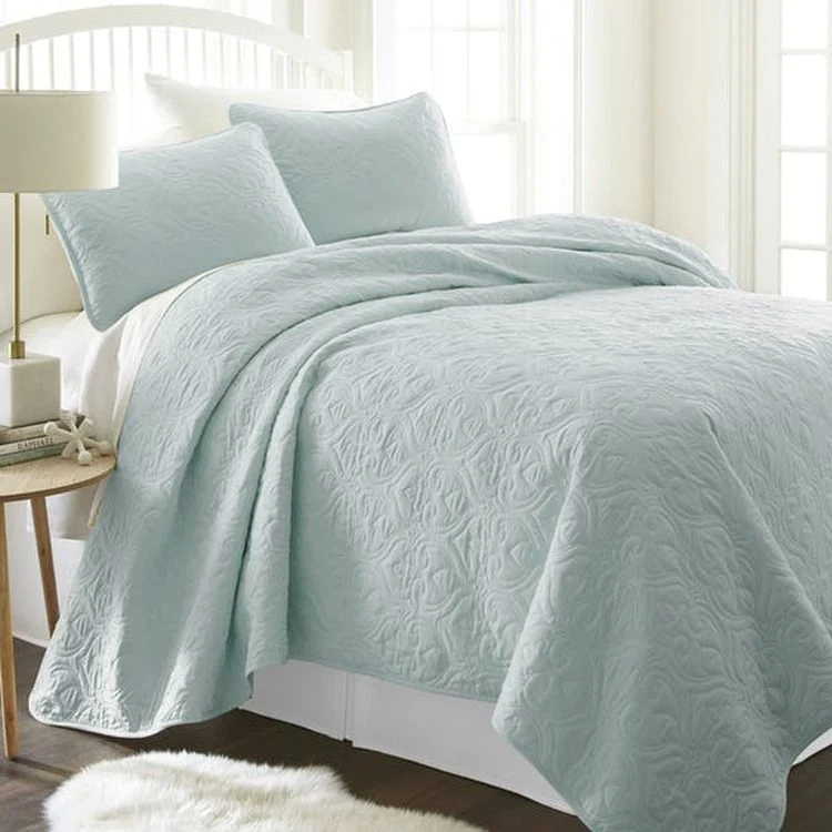 Premium Quilted Coverlet Sets - Pale Blue Twin Damask Pattern 2 Piece 1